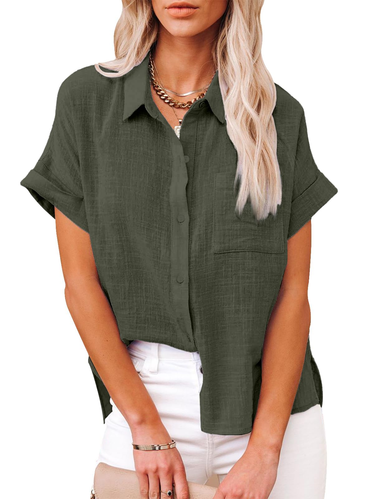 IPMQ Womens Cotton Linen Button Down Shirts Short Sleeve