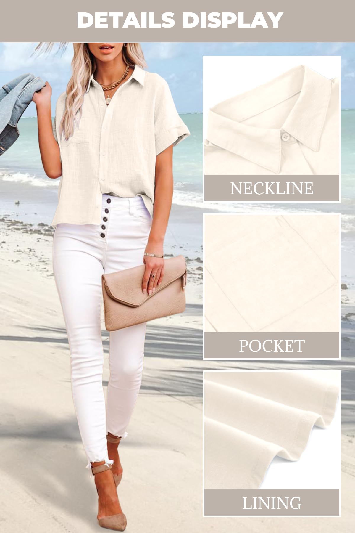 IPMQ Womens Cotton Linen Button Down Shirts Short Sleeve