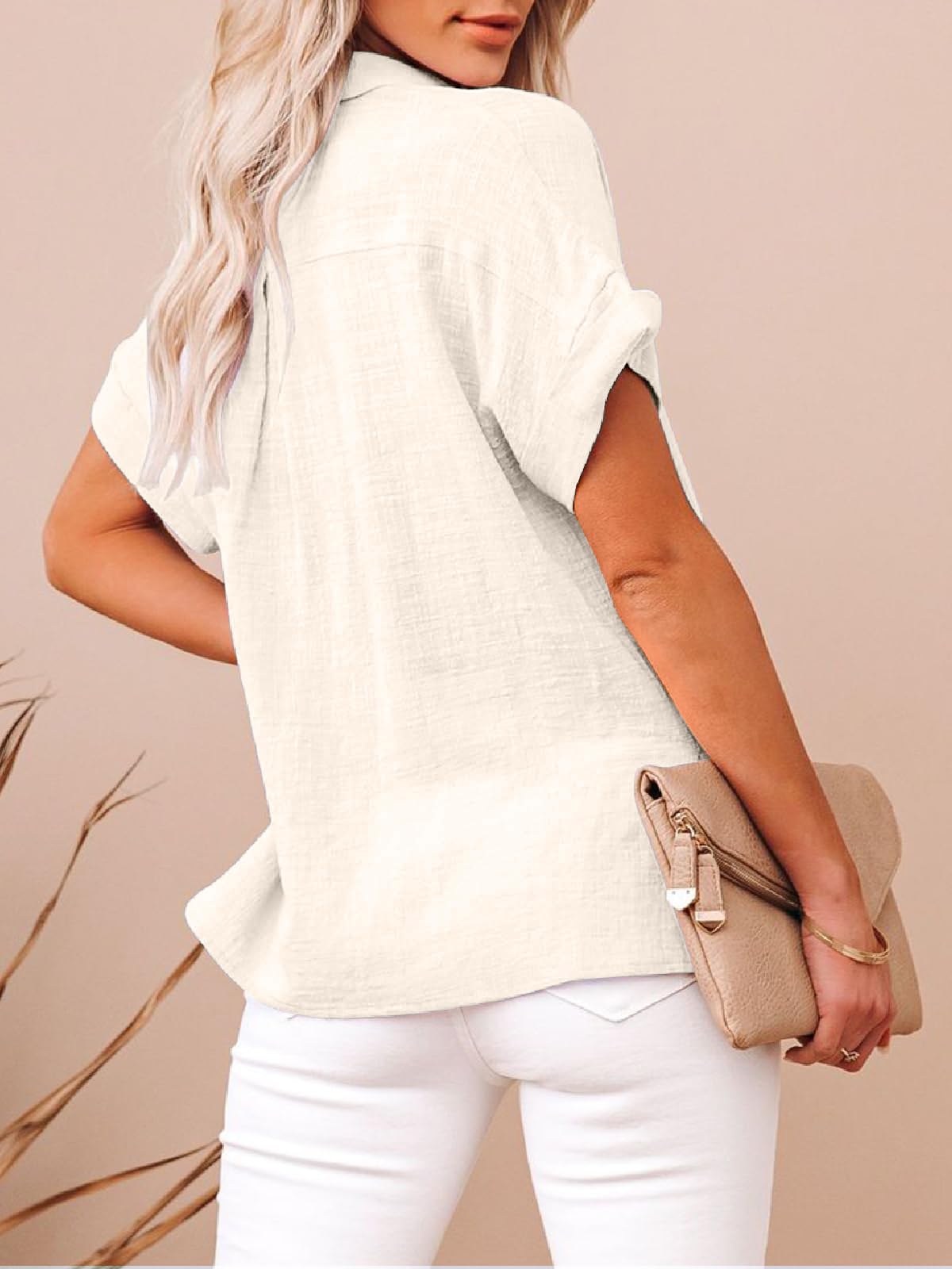 IPMQ Womens Cotton Linen Button Down Shirts Short Sleeve