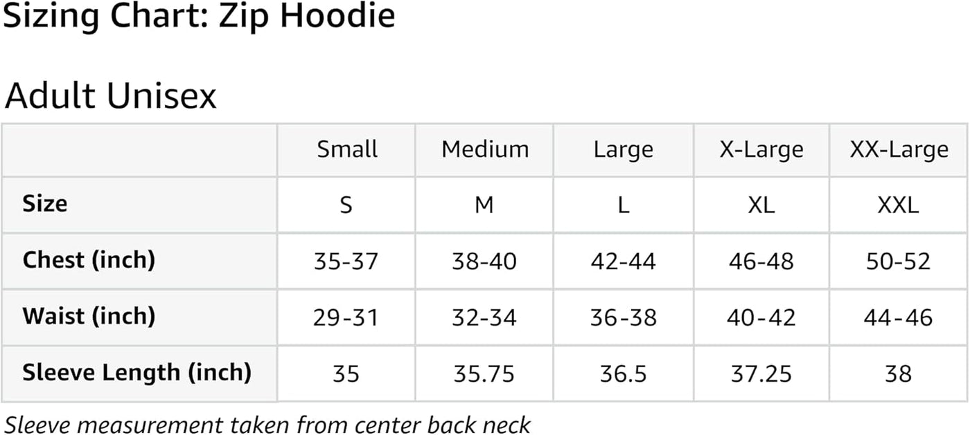 Sizing chart for Clothes Apparel Zip Hoodie showing sizes for Small to XX-Large in inches.