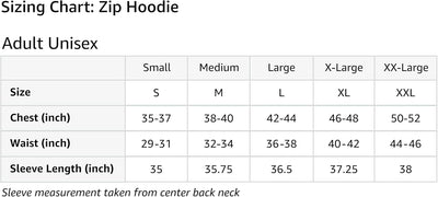 Sizing chart for Clothes Apparel Zip Hoodie showing sizes for Small to XX-Large in inches.