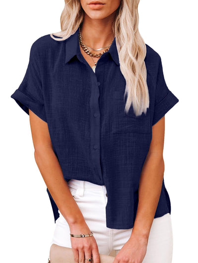 IPMQ Womens Cotton Linen Button Down Shirts Short Sleeve
