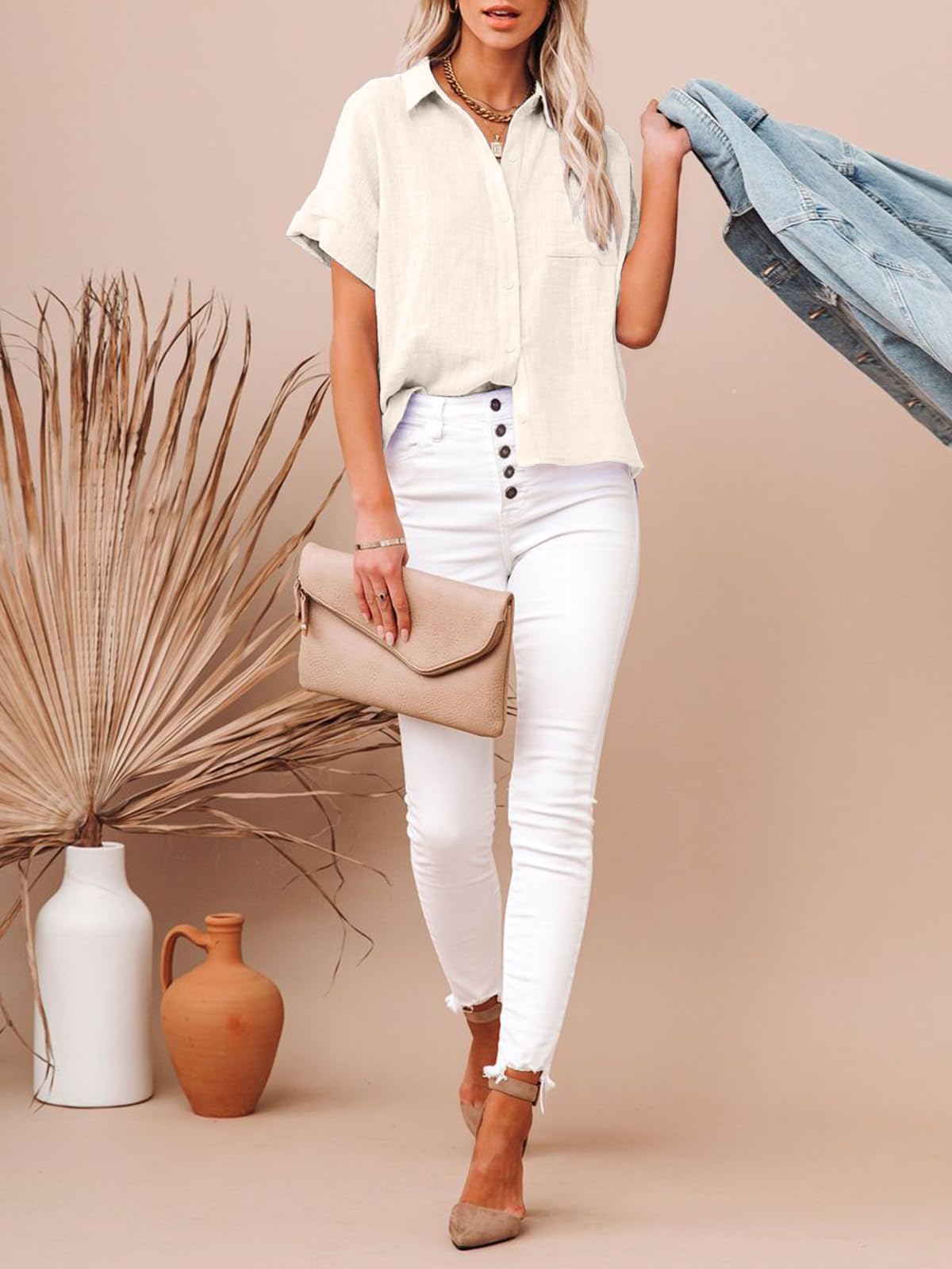 IPMQ Womens Cotton Linen Button Down Shirts Short Sleeve