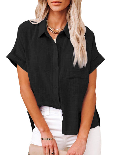IPMQ Womens Cotton Linen Button Down Shirts Short Sleeve