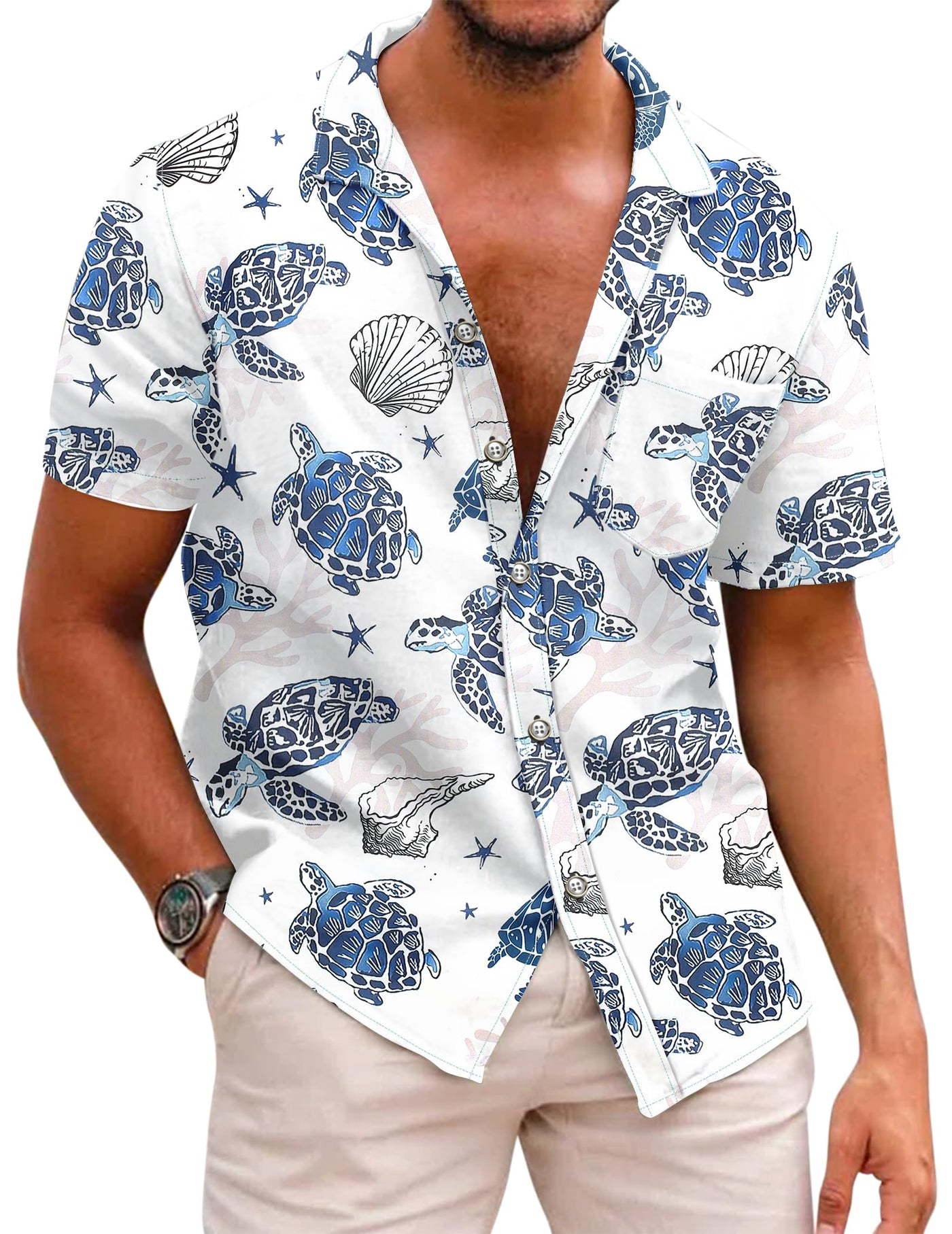 COOFANDY Mens Hawaiian Shirts Short Sleeve featuring turtle and shell patterns on a casual button-down shirt.