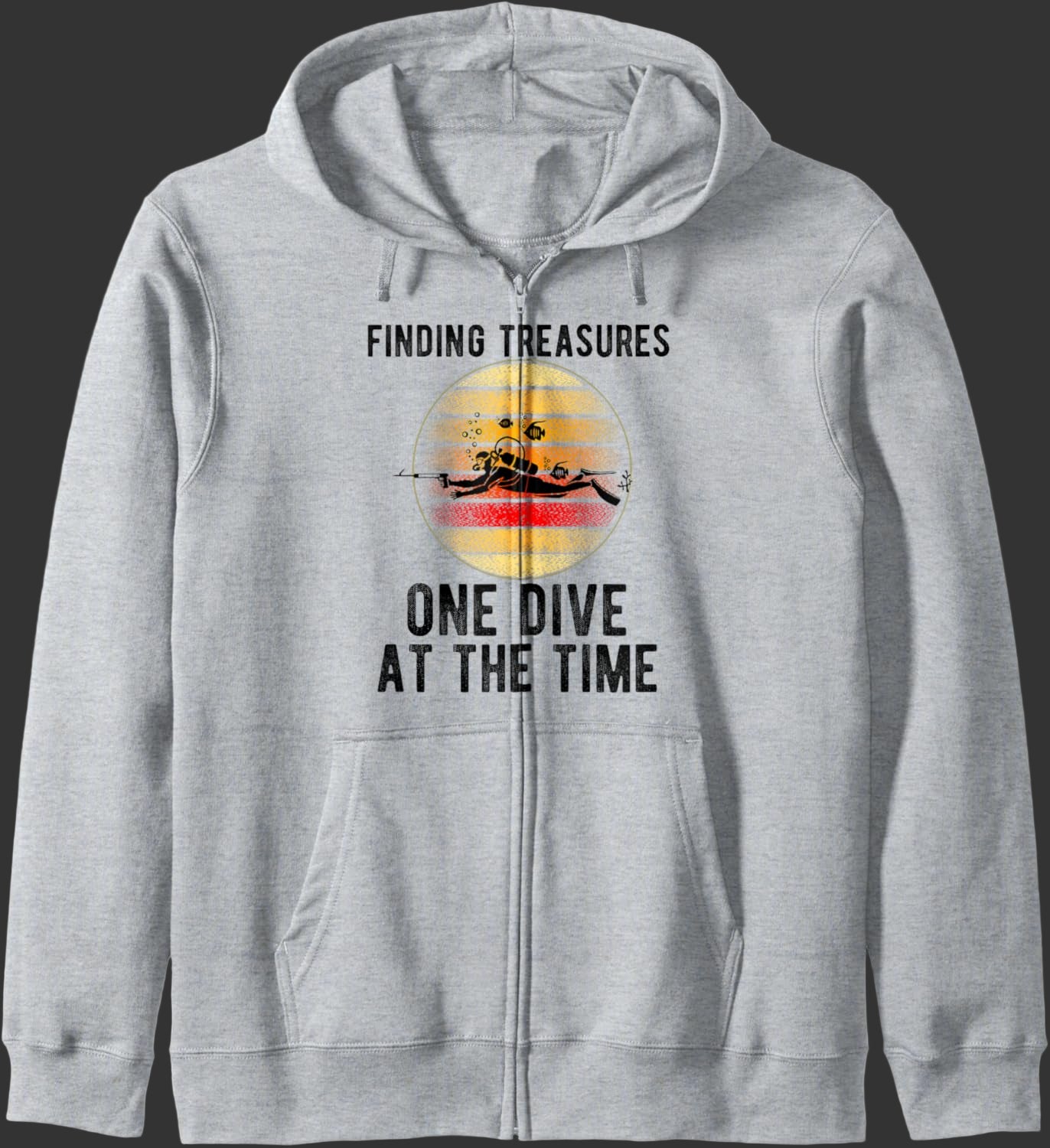Clothes Apparel Zip Hoodie with "Finding Treasures One Dive at the Time" graphic design on a gray background.