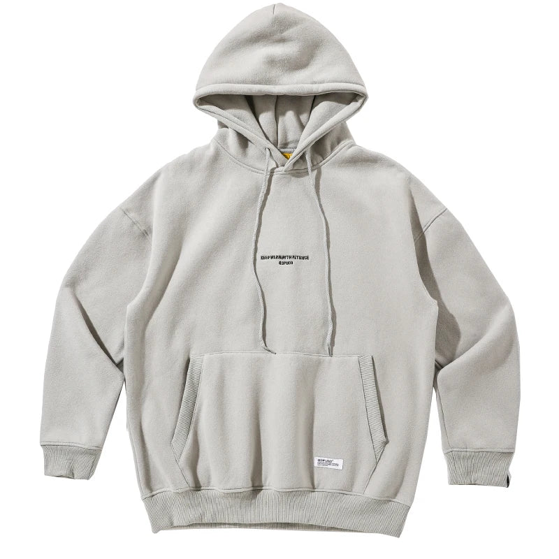 Plus Size Harajuku High Quality Thin Couple Pullover in light grey with hood and front pocket.
