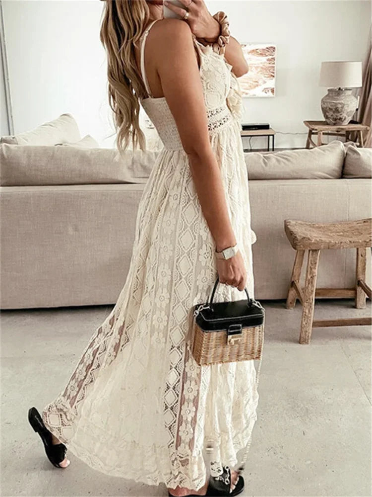 2024 New Women Lace White Long Dress Sleeveless