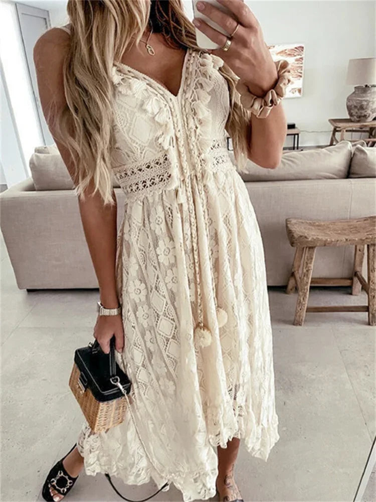 2024 New Women Lace White Long Dress Sleeveless