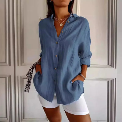 Summer V Neck Casual Cotton Linen Button Shirt