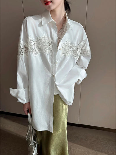 Oversized White Lace Shirt for Women Long Sleeve