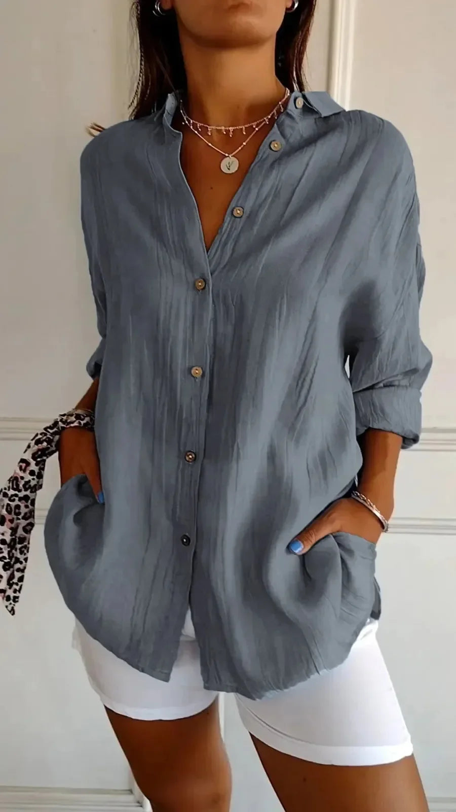 Summer V Neck Casual Cotton Linen Button Shirt