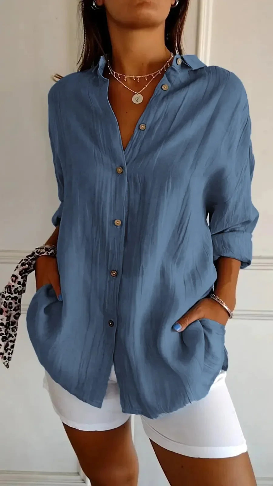 Summer V Neck Casual Cotton Linen Button Shirt