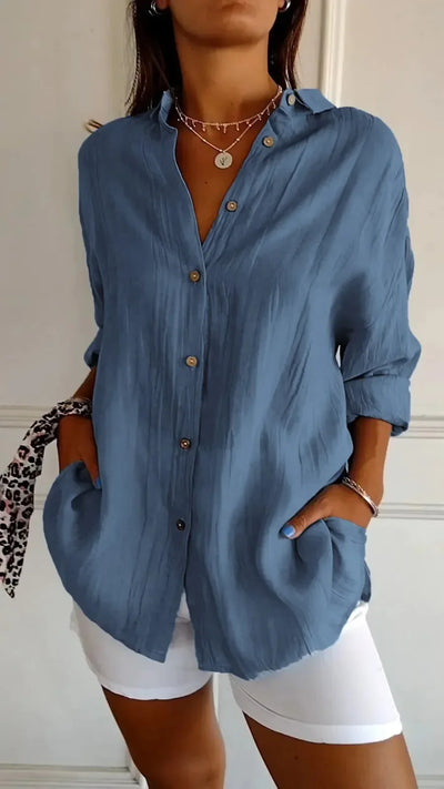 Summer V Neck Casual Cotton Linen Button Shirt