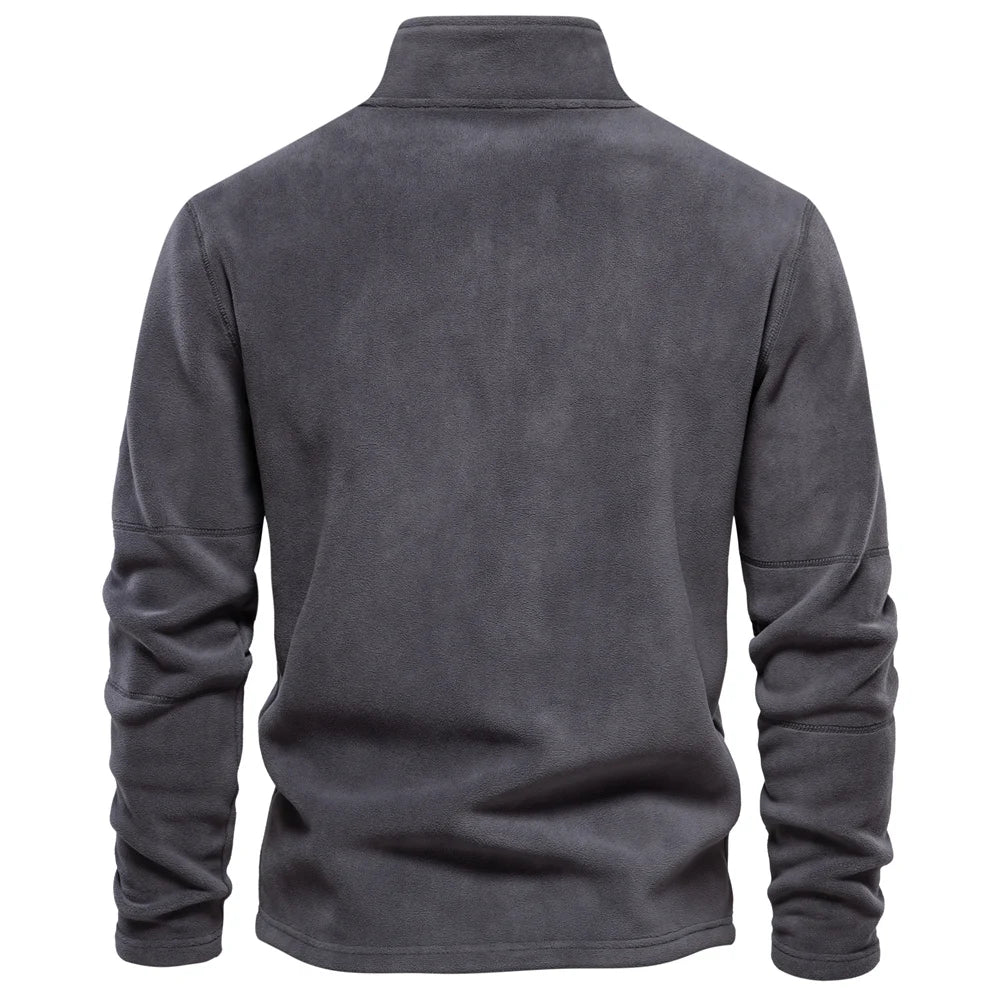 men's thick fleece zip jacket back view, soft fleece material, perfect for winter streetwear style.