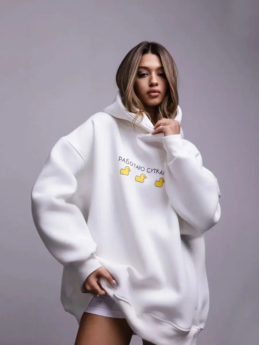 Unisex Oversized Hoodie Warm Sweatshirt - White fleece hoodie with graphic design, perfect for streetwear and relaxation.