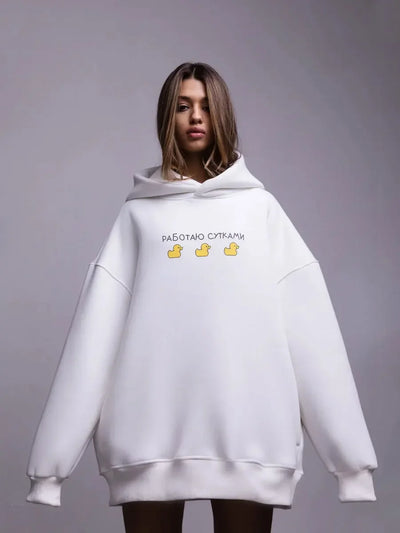 Unisex Oversized Hoodie Warm Fleece Sweatshirt in white with fun graphic print, perfect for cozy lounging.