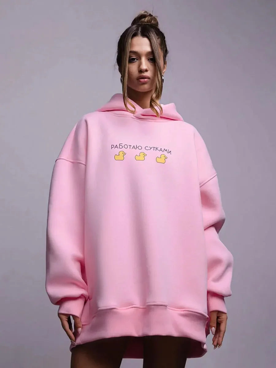 Unisex Oversized Hoodie Warm Sweatshirt in pink with duck designs and relaxed fit for casual streetwear.