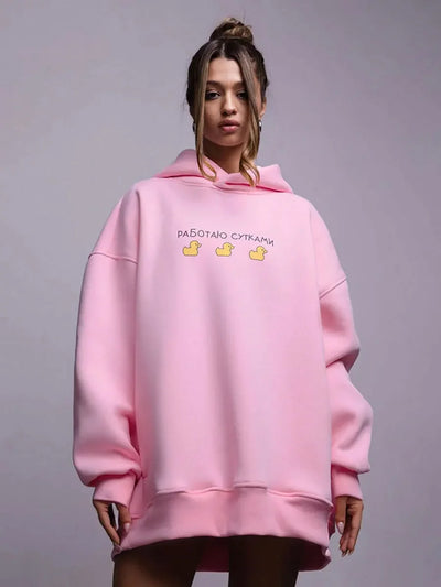 Unisex Oversized Hoodie Warm Sweatshirt in pink with duck designs and relaxed fit for casual streetwear.