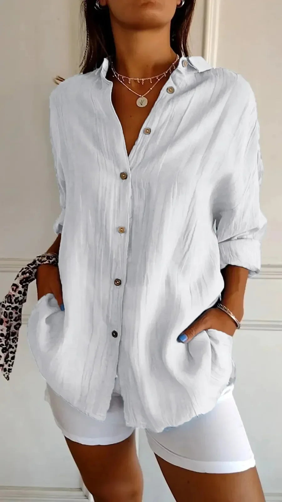Summer V Neck Casual Cotton Linen Button Shirt
