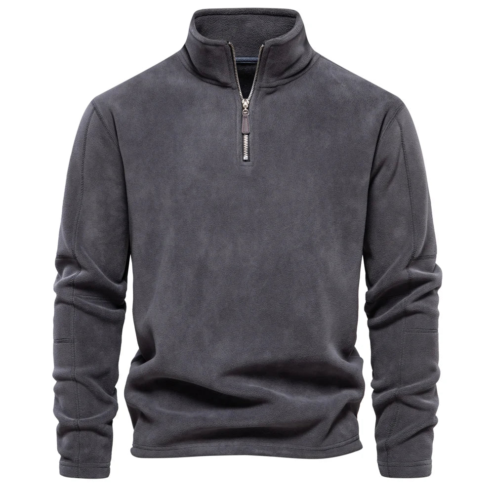 men's thick fleece zip jacket in grey color, featuring a high collar and zip-up design for winter comfort.