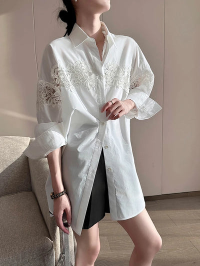 Oversized White Lace Shirt for Women Long Sleeve