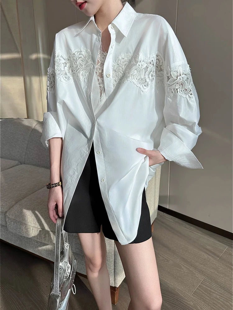 Oversized White Lace Shirt for Women Long Sleeve