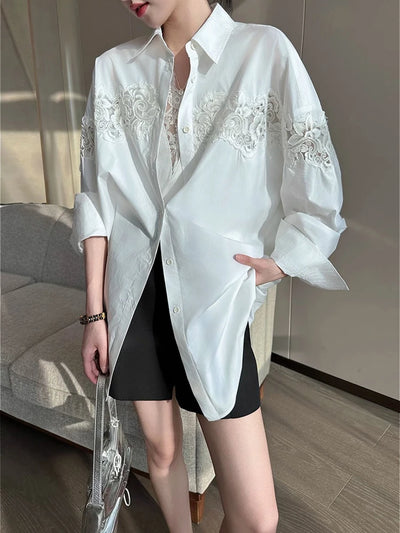Oversized White Lace Shirt for Women Long Sleeve