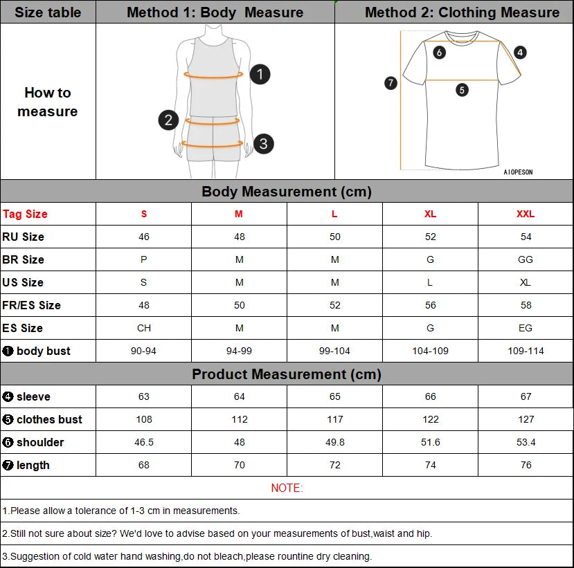 Size chart for men's thick fleece zip jacket, detailing body and product measurements for different sizes.