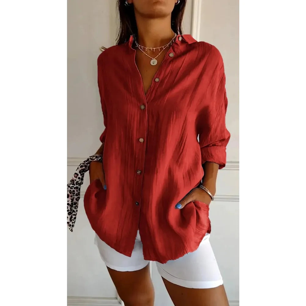 Summer V Neck Casual Cotton Linen Button Shirt