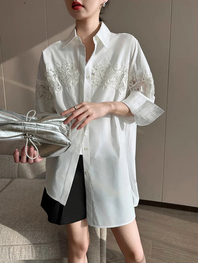 Oversized White Lace Shirt for Women Long Sleeve